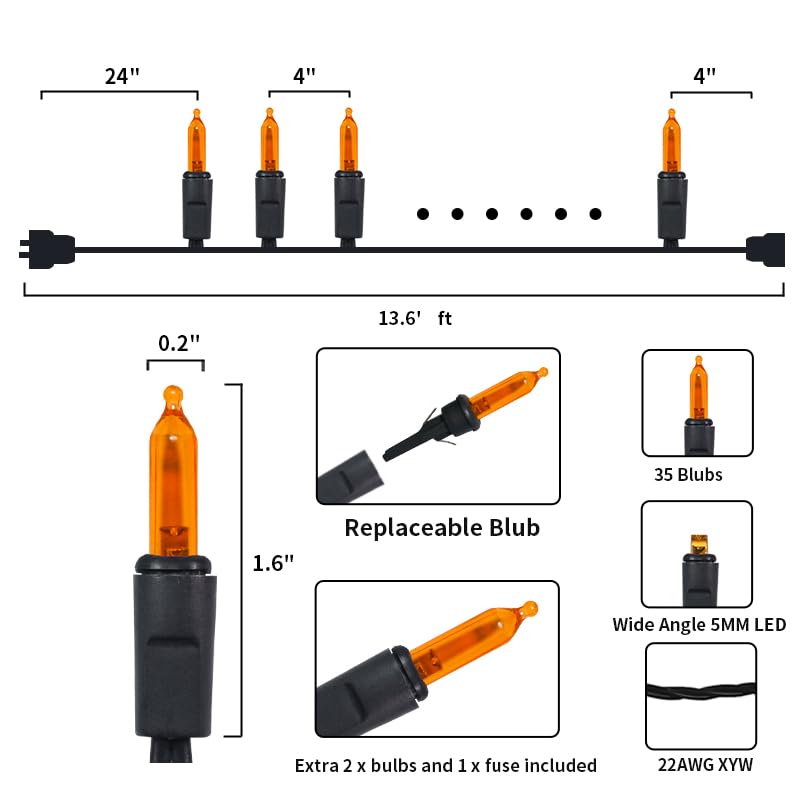 Orange LED Halloween String Lights - 35 Count, Indoor/Outdoor, Connectable, 11 Feet Black Wire