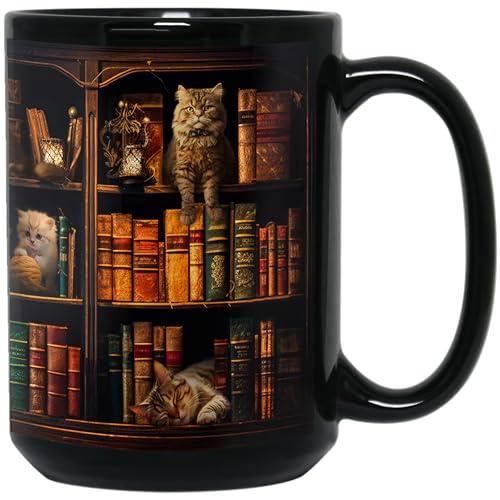 Cat Book Mug - Book Lover Gift, 15oz Coffee Cup for Readers & Cat Enthusiasts