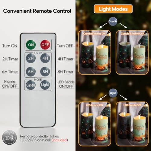 Halloween Pumpkin Fiber Optic Flameless Candles with Remote Control - Set of 2