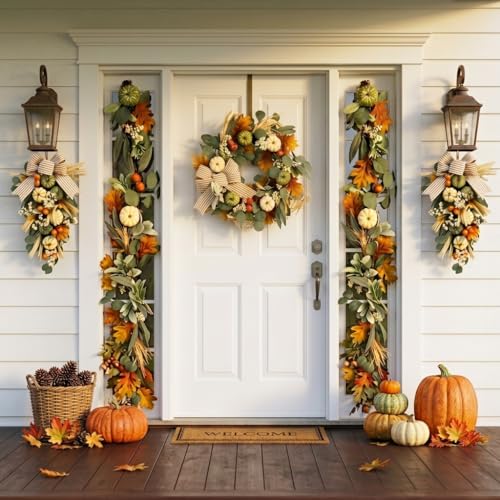 Fall Wreath with LED Lights - White & Green Pumpkins, Rustic Decor - 24 Inch