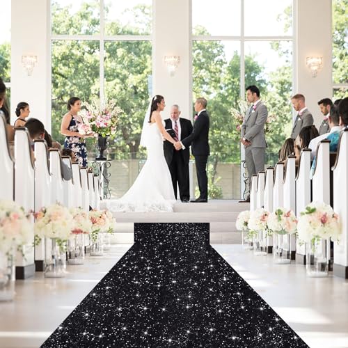 Black Sequin Aisle Runner for Wedding Ceremony 2ft x 15ft - Modern Glitter Carpet with Tapes - Black