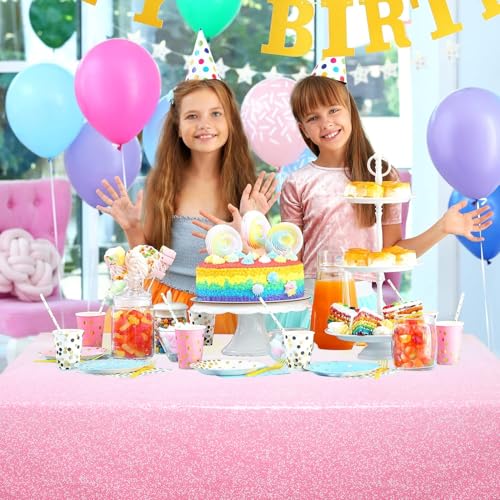Pink Tablecloth Set - Ombre Pink Glitter Disposable Party Covers, 3 Pack