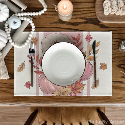 Pink Pumpkin Maple Leaf Fall Placemats Set of 4 - 12 x 18 Inch Rectangular