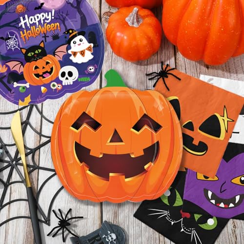 Halloween Party Supplies Set - Pumpkin Paper Plates Cups Napkins Banner Tablecloth - 74 Pieces for Festive Celebration