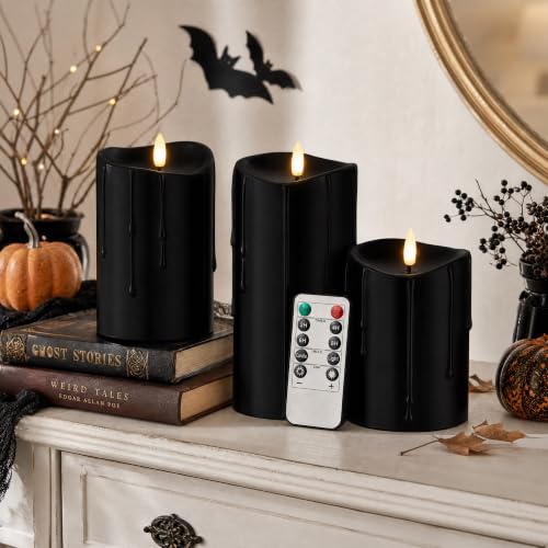 Velsyn Black Flameless Pillar Candles with Remote Set of 3 - Halloween Decor
