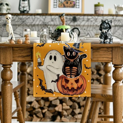 Halloween Table Runner 13x90 Inch - Orange Jack-O'-Lantern Ghost Black Cat Bat Decor