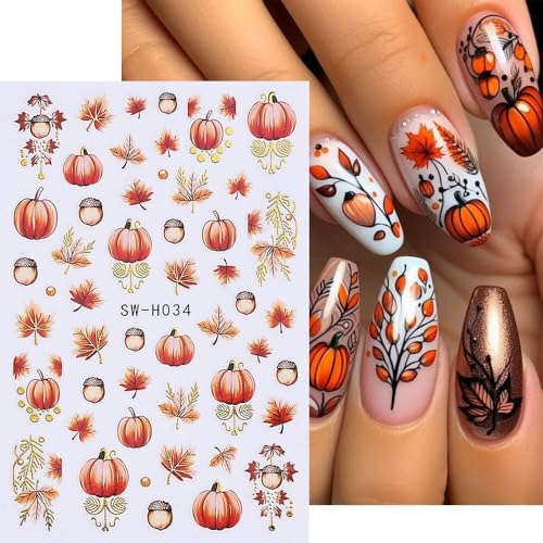 Fall Nail Stickers Set - Halloween Pumpkin & Maple Leaf Decals with Variation Red2