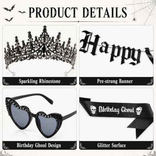 Gothic Birthday Decorations Set - Crown, Sash, Sunglasses, Banner & Cake Topper
