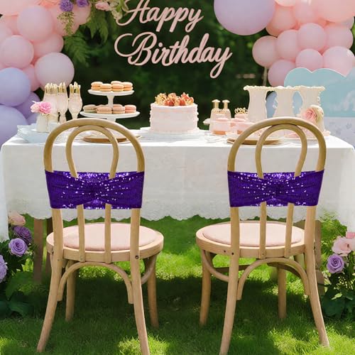 14x6 Purple Sequin Chair Sashes - Pack of 100 Folding Bow Covers for Weddings and Parties