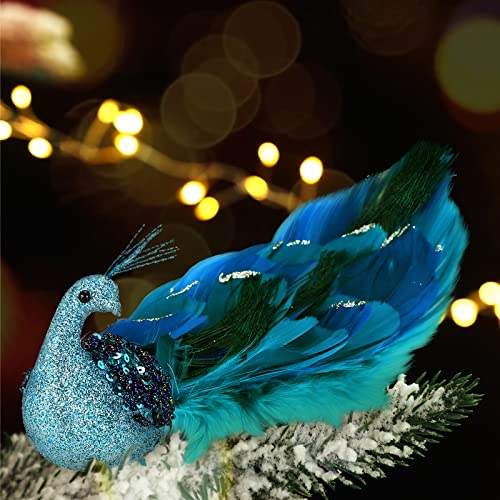 4 Pcs Christmas Peacock Ornaments Blue Feather Tail Glitter Holiday Decorations Variation of THIS listing