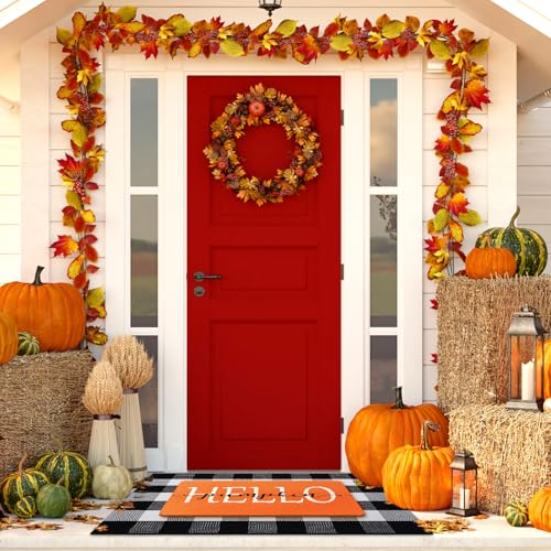 Fall Welcome Door Mats Set - Hello Pumpkin & Buffalo Check Outdoor Rug 30x18 & 43x27 Inches