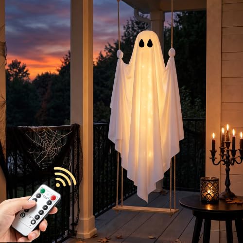 Outdoor 5FT Hanging Swing Ghost Halloween Decoration with LED Lights