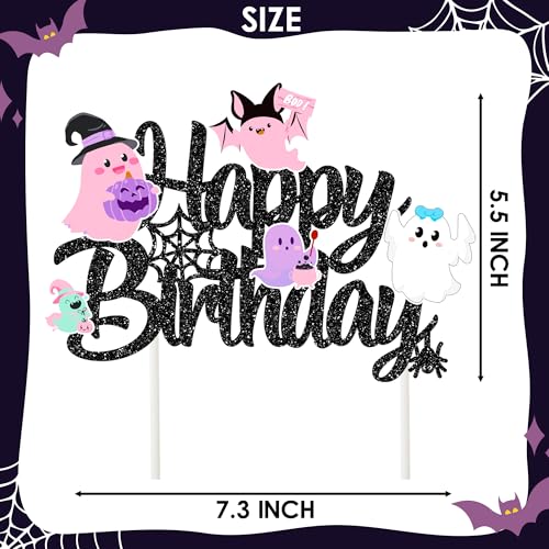 Halloween Ghost Birthday Cake Topper Black Glitter Pastel Ghosts 8 Inch