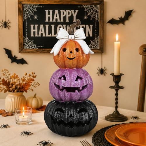 Fall Halloween LED Jack O' Lantern Pumpkin 3-Tier Resin Decor with Bow