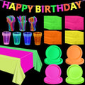 Glow in the Dark Party Supplies Set - Happy Birthday Variation - Serves 20