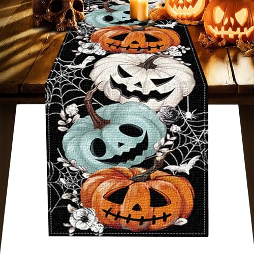 Halloween Table Runner 13x72 Inch Spider Web Pumpkins Decor - Black Variation