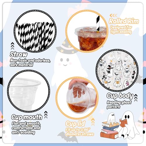 Ghost Reading Halloween Disposable Plastic Cups with Lids & Straws - 50 Pcs