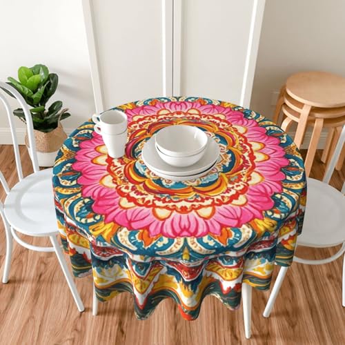 Mandala Floral Round Tablecloth 60 Inch Washable Table Cover for Kitchen & Party