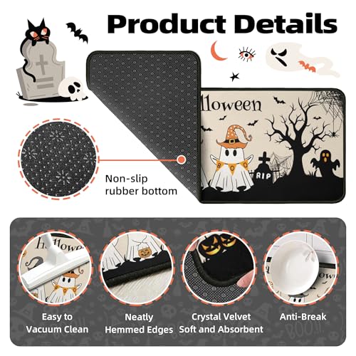 Halloween Ghost Kitchen Rugs Set - Black & White Non-Slip Absorbent Floor Mats, 2-Piece, 17x47 & 17x30 inches - Variation Blackwhite-1