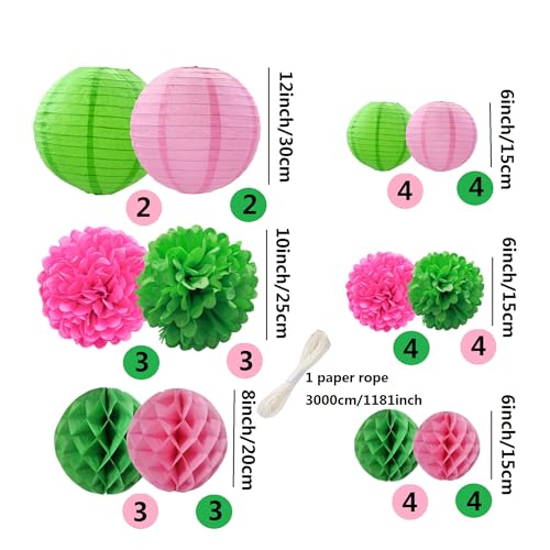 Party Decor Set with Pink and Green Paper Lanterns, Pom Poms & Honeycombs - Reusable Event Decorations