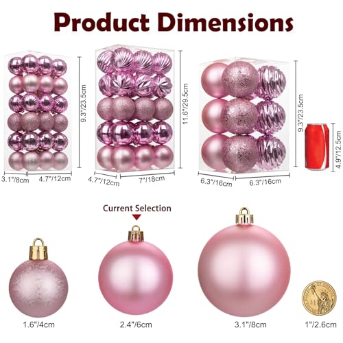 Hollyone Bubblegun Pink Christmas Ornaments Set - 30 Shatterproof Balls for Tree & Holiday Decor