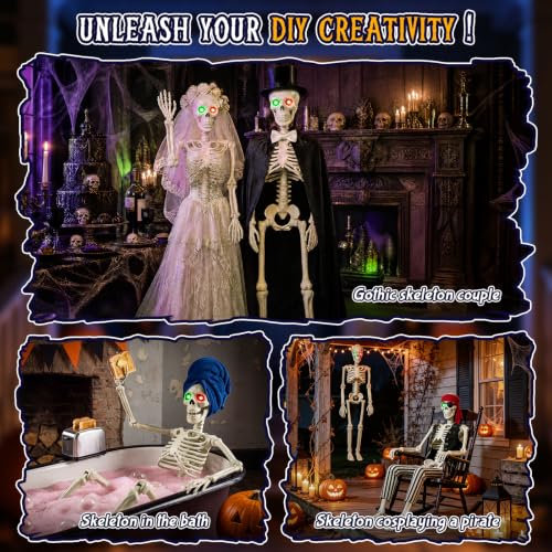 White 2 Pack 36-inch Halloween Skeleton Decorations with Luminescent Eyes — Hanging Skull Props for Indoor Decor