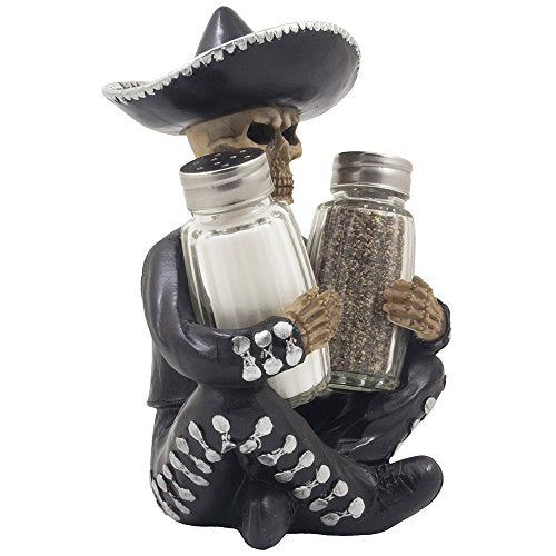 Dia de Los Muertos Skeleton Salt and Pepper Shaker Set with Decorative Figurine Holder