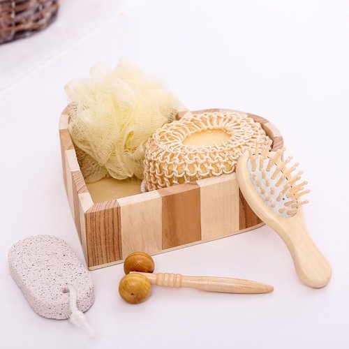 JWDREAMWAY 5Pcs Bath Shower Set in Heart Wooden Trinket Box Hair Brush for Women,Birthday Gifts,Bath & Shower Spa Basket Gift Set for Women for Body Back Legs and Foot,Gift for Mom