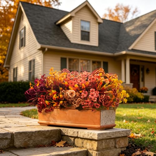 Artificial Fall Flowers Outdoor Decor - UV Resistant Faux Mums - Orange Yellow, 13.5 Inch