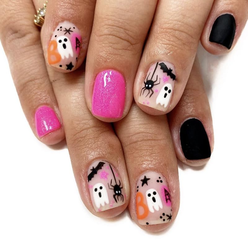 Halloween Ghost Spider Short Square Press-On Nails - Hot Pink Black, Reusable