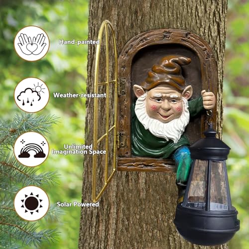 Solar Gnome Garden Decor - Tree Face Gnome Halloween Fairy Yard Art with Lantern