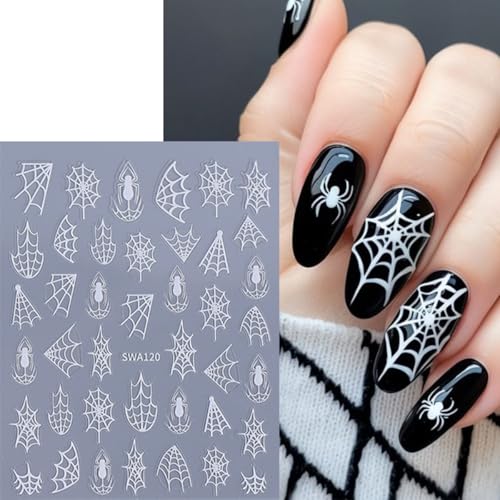 Halloween Nail Stickers 8 Sheets Spider Web Decals 3D Gothic Black Silver Gold Variation of M-Spider Web Stickers