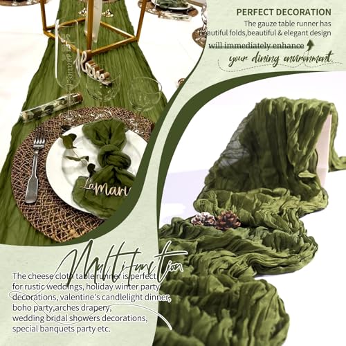 Olive Green Cheesecloth Table Runners Set - Boho Wedding Decor, 2 Pack