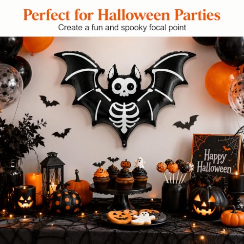 59 Inch Skeleton Bat Foil Balloon - Large Black Halloween Mylar Decor
