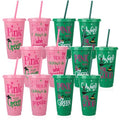 Pink and Green Plastic Cups with Lids and Straws - 12 Pack, 24 oz - Variation of Pink, Green / 12