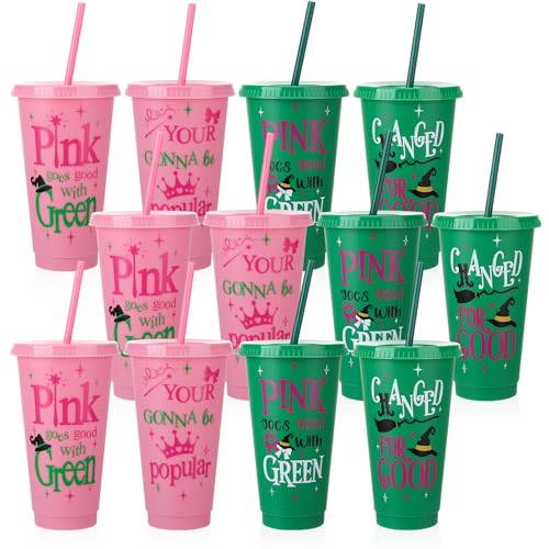 Pink and Green Plastic Cups with Lids and Straws - 12 Pack, 24 oz - Variation of Pink, Green / 12