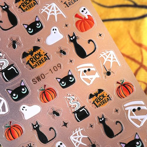 Halloween Nail Stickers 5D Spooky Decals - Black Cat Pumpkins Ghost Skeleton Hand - Variation Halloween-01