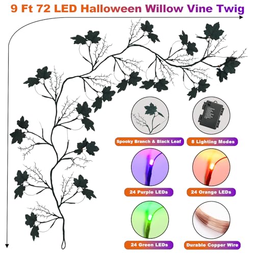 9FT LED Halloween Garland with Purple, Green & Orange Lights, Black Leaves, Battery Operated
