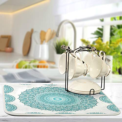Super Absorbent Microfiber Dish Drying Mat 24x18 Inches - Turquoise Mandala Variation