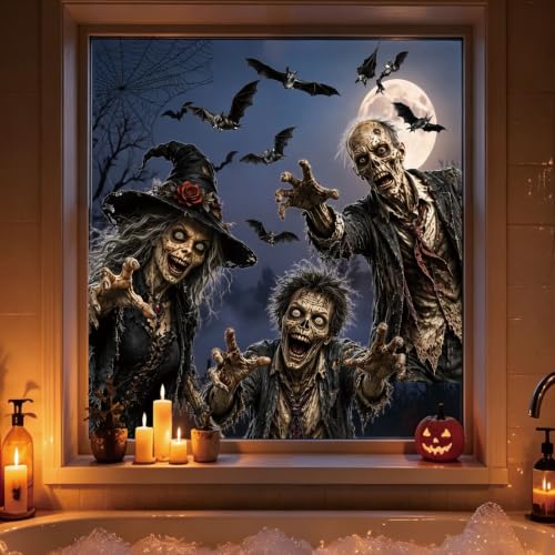 Halloween Window Clings PVC Witch Zombie Bat Decals Not Luminous - 12 pcs