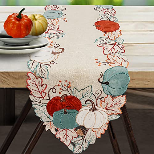 OWENIE 13x70 Inch Thanksgiving Fall Pumpkin Table Runner Embroidered Harvest Decor