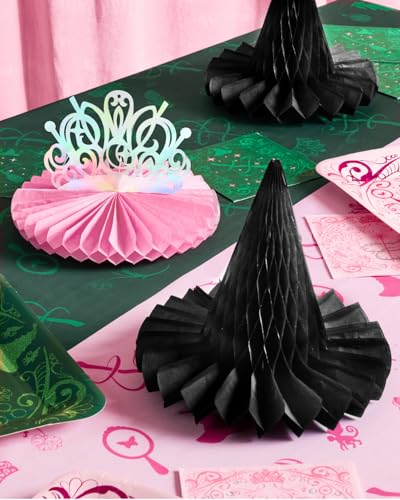 Small Witch Party Hanging Decor Set of 4 - Pink Tiaras & Black Hats, Iridescent Centerpieces