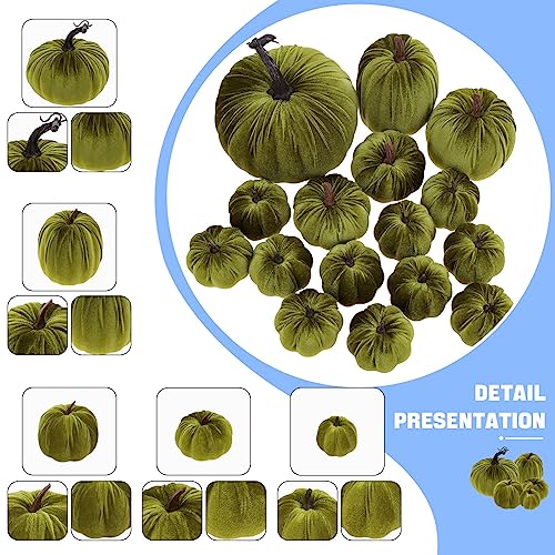 Artificial Velvet Pumpkins Set - 16 Assorted Sizes, Green Variation