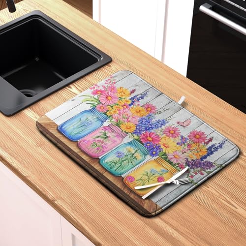 Daisy Flower Dish Drying Mat for Kitchen Counter - Pink, 16x18 Inch