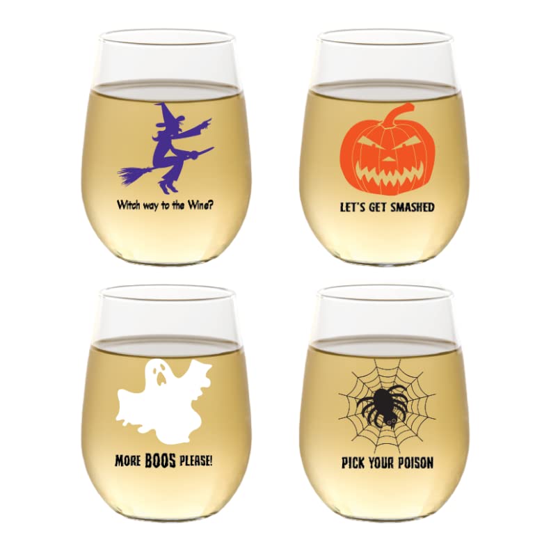 Halloween Themed Shatterproof Plastic Stemless Wine Glasses Set of 4 - 16 oz