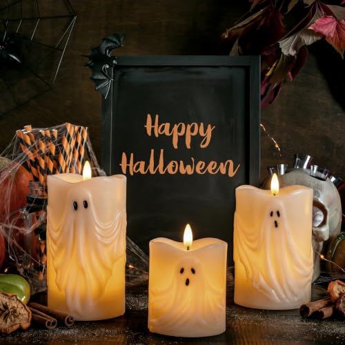 Halloween Ghost Pillar Candles Set with Remote Timer - Flameless Indoor Decor