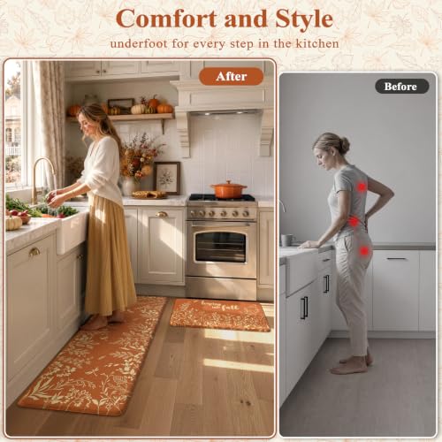KIMODE Fall Kitchen Anti-Fatigue Mat Set - Leaf Pattern, 17.3 x 47 & 17.3 x 29 Inches, Cushioned Waterproof Rugs, Orange Red Leaf Variation