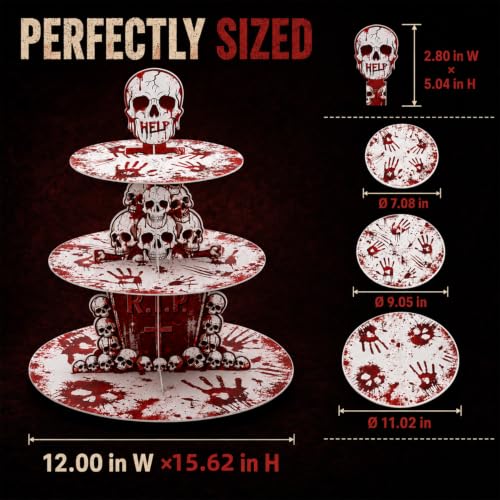 Halloween Bloody Cupcake Stand - 3-Tier Skeleton Handprints Party Decor - Bloody Variant