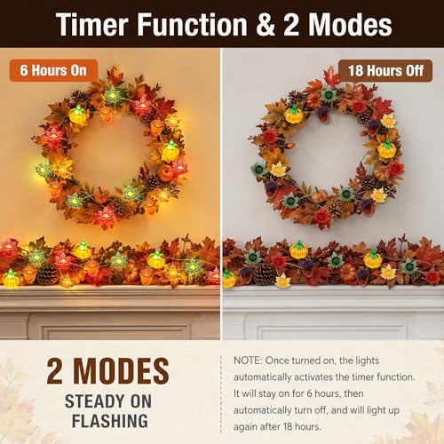 Fall Decor String Lights 10FT 40 LED Acorn Maple Leaves Pumpkin Lights - Yellow, Orange, Green