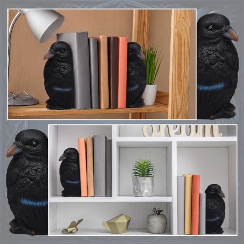 Gothic Crow Bookends Pair - Dark Raven Sculptures for Halloween Decor